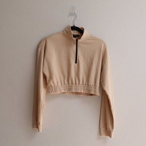 y2k Cream Earth Tone  Zip Turtle Neck Long Sleeve Crop Top S